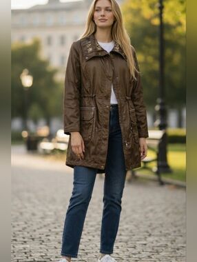 Brown Longline Trench Coat with Animal Print Chain Lining‎ – Y2K Mob Wife Size L